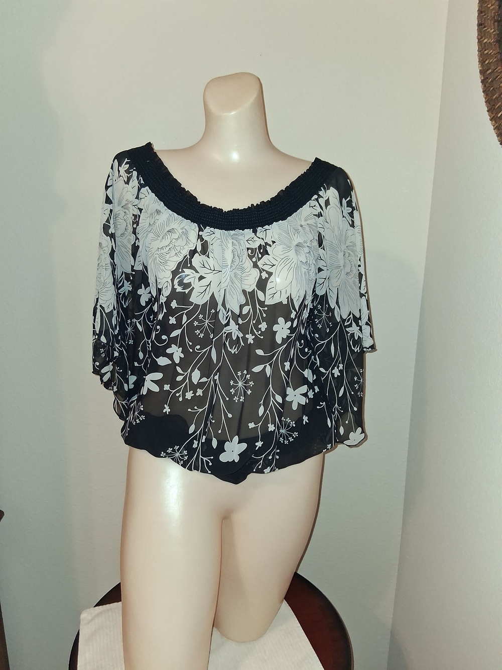 Charlotte Russe Black Sheer Floral Off-Shoulder Top